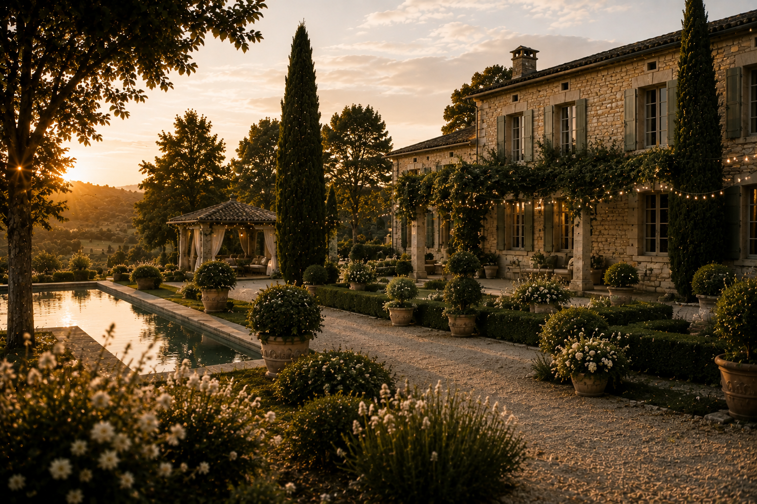 Lieu de réception de mariage avec maison en pierre, jardin paysager, piscine et pergola, sublimé par des guirlandes lumineuses dans une ambiance chaleureuse au coucher du soleil.