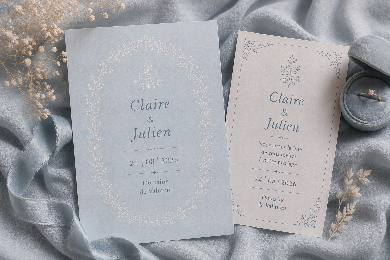 Faire-part de mariage élégants avec motifs floraux délicats, papeterie personnalisée, fleurs séchées et détails raffinés pour annoncer une cérémonie de mariage.