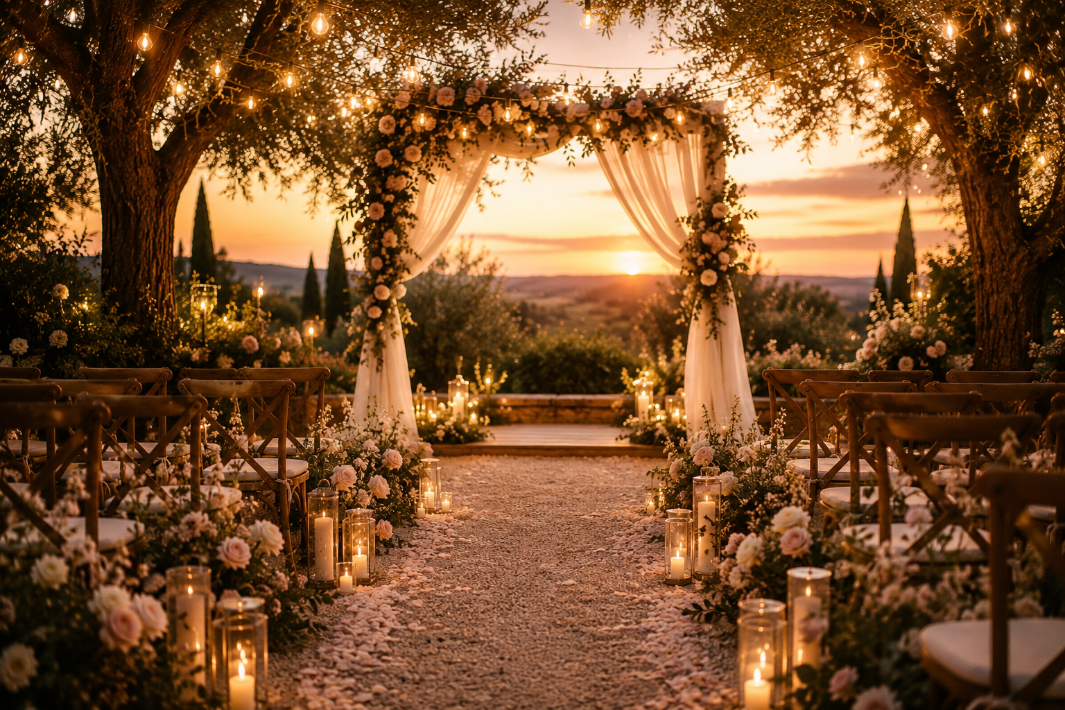 Soirée de mariage en plein air avec lumière tamisée, fleurs blanches, allée de bougies, ciel au coucher du soleil, cadre naturel avec arbres et paysage distant.