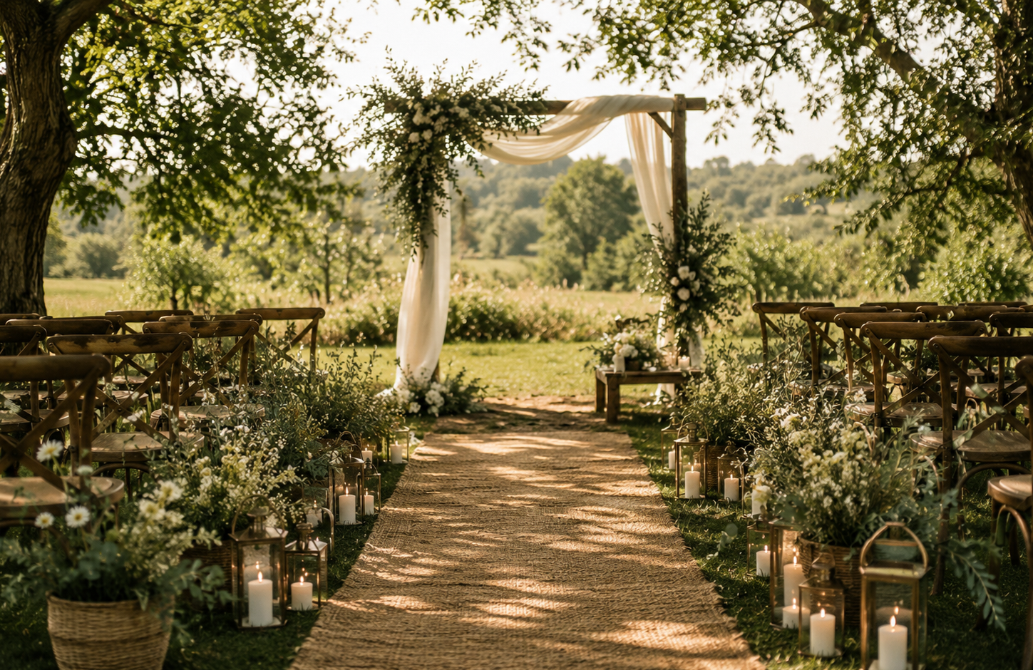Un décor de mariage en plein air avec une arche entourée de fleurs et de drapés blancs, une allée en tapis au centre avec des bougies dans des lanternes en verre de chaque côté, et des bancs en bois pour les invités, dans un champ avec des arbres et des collines en arrière-plan.