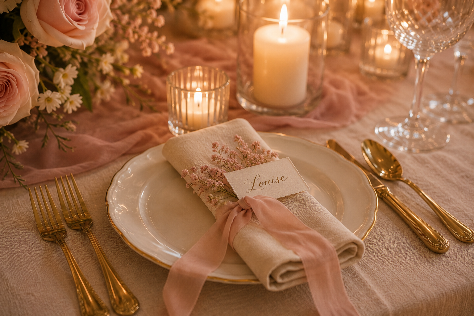 Table de mariage élégante avec fleurs, bougies, vaisselle raffinée et serviette personnalisée.