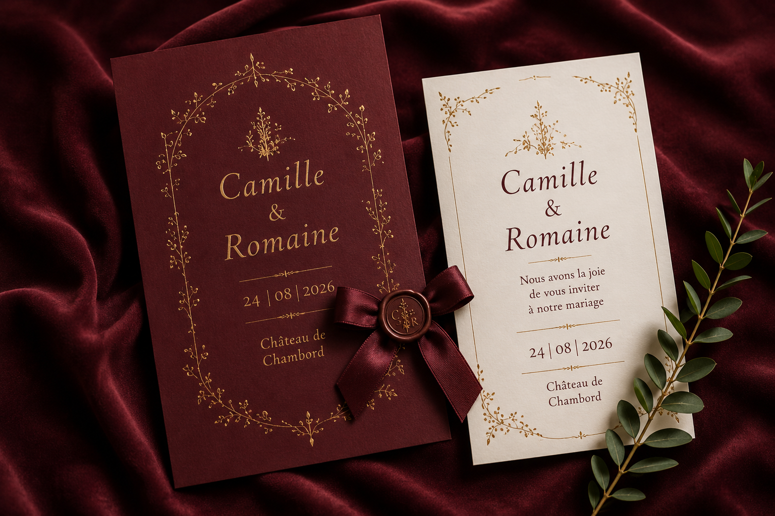 Deux invitations de mariage, une rouge avec une bandelette en satin et un sceau en cire, et une blanche, avec des décorations florales dorées, posées sur un tissu en velours rouge. Une branche verte repose à côté.