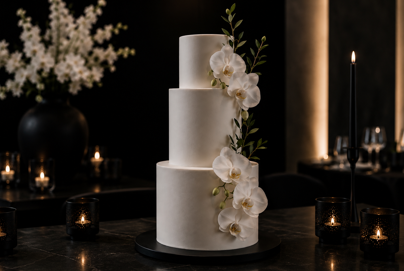 Gâteau de mariage à trois étages décoré d'orchidées blanches et de feuillage vert, entouré de bougies sur une table en marbre.