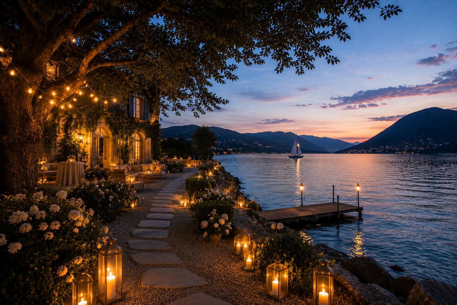 Cérémonie de mariage en plein air au bord d'un lac, avec une allée fleurie, un arbre ombrageant l'espace de cérémonie et un paysage de montagnes en arrière-plan.