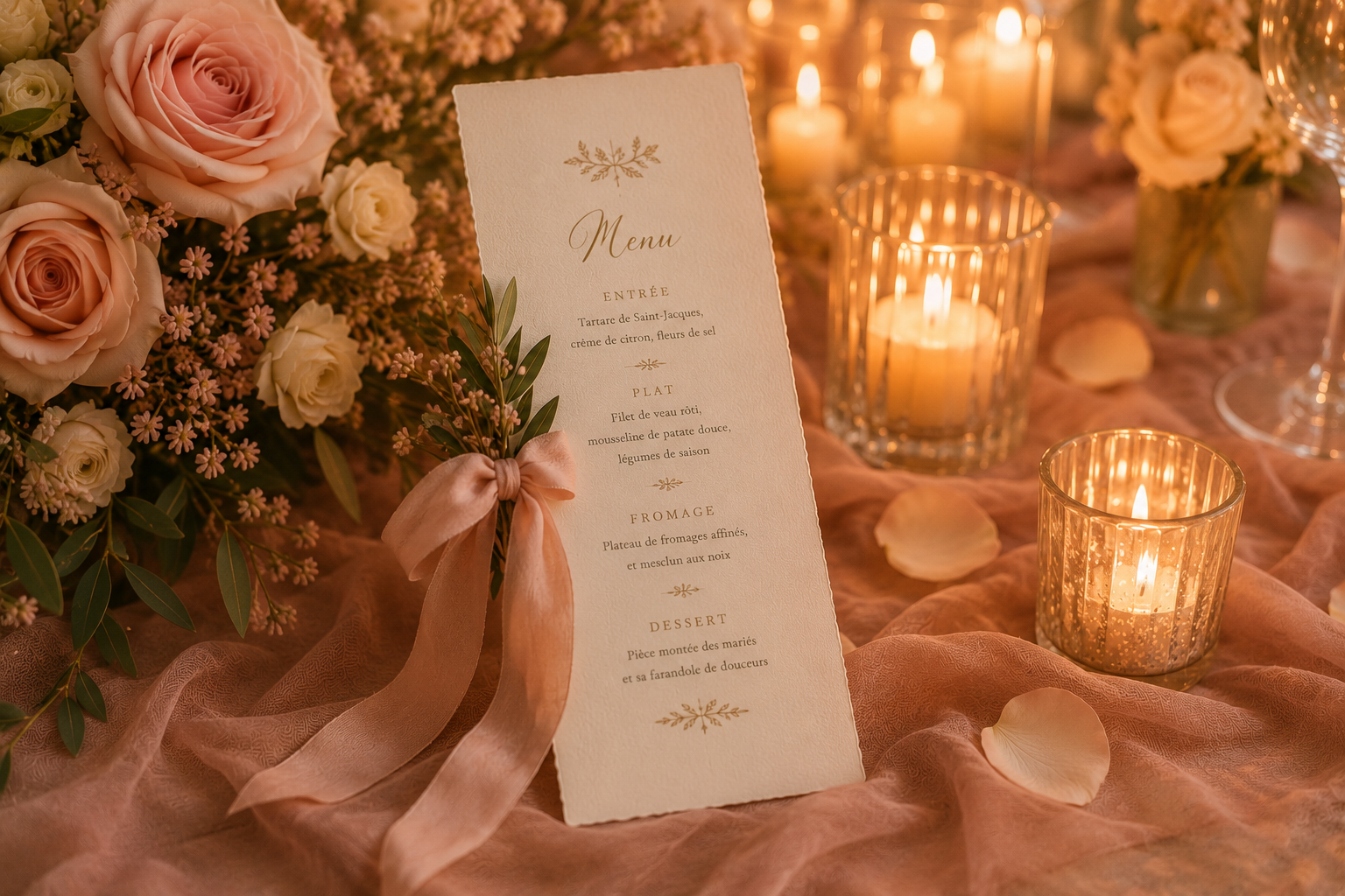 Menu de mariage décoré de fleurs roses et blanches, de bougies et de pétales de rose sur une table élégante.