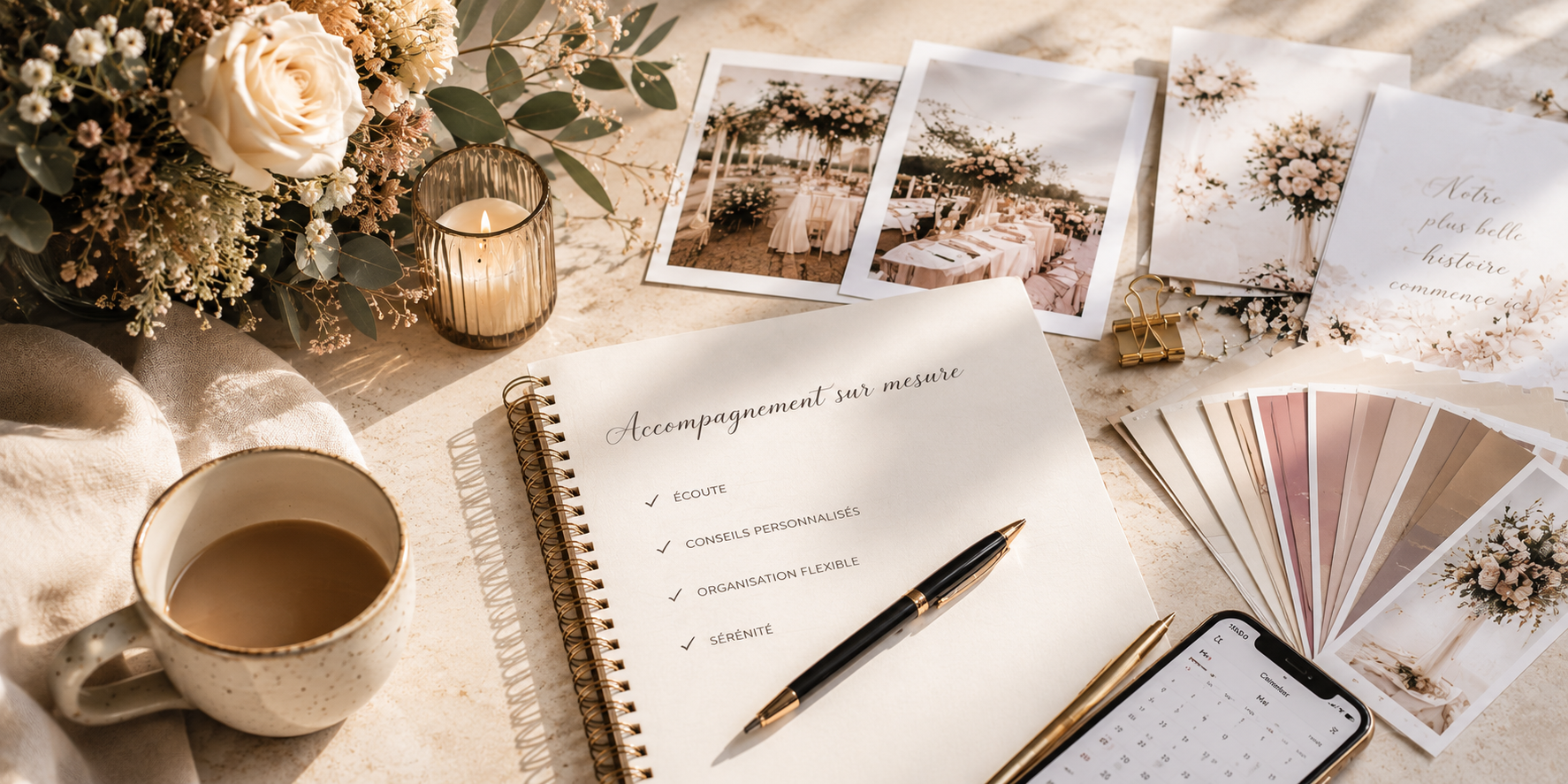 Table de préparation d’un mariage avec fleurs, bougie, photographies, carnet de tâches, téléphone, café, stylo et brochures.