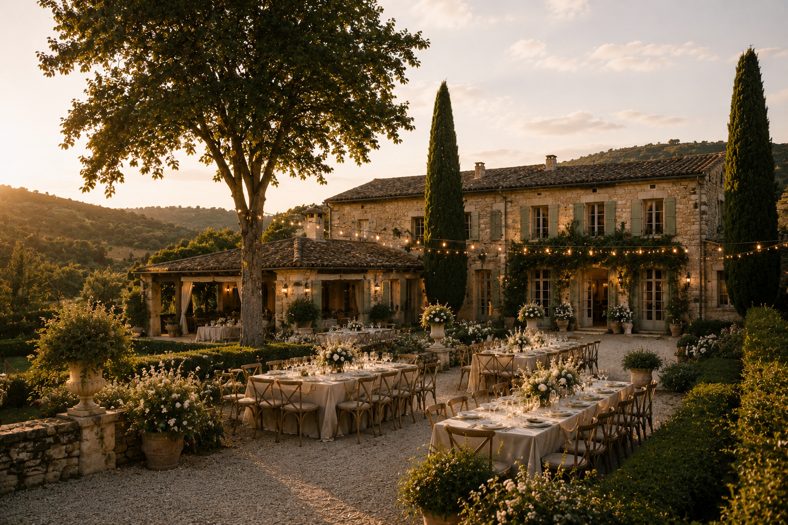 Réception de mariage en extérieur dans une cour en pierre, avec tables élégantes, fleurs blanches et guirlandes lumineuses suspendues entre les arbres.