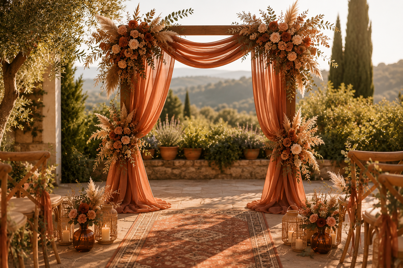 Arche de mariage décoré avec des fleurs roses et des voilages en tissu rose, installé en plein air avec une vue sur la campagne en arrière-plan, le sol en pierre et des chaises en bois avec des fleurs et des bougies.