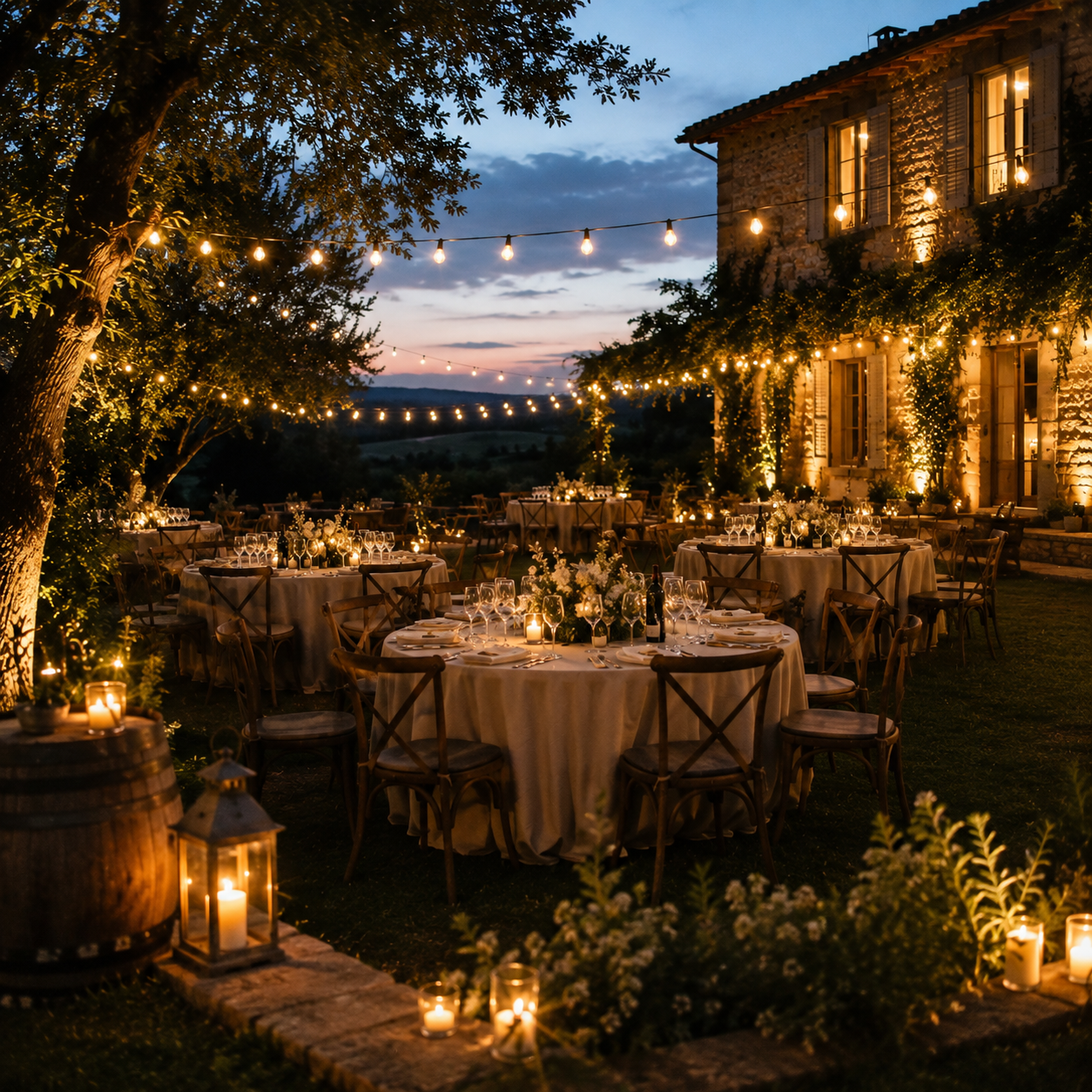 Une soirée élégante en plein air avec des tables rondes recouvertes de nappes blanches, lampes à bougies, verres et vaisselle, sous des guirlandes lumineuses suspendues entre les arbres, devant un bâtiment en pierre éclairé, lors du crépuscule ou de la nuit.