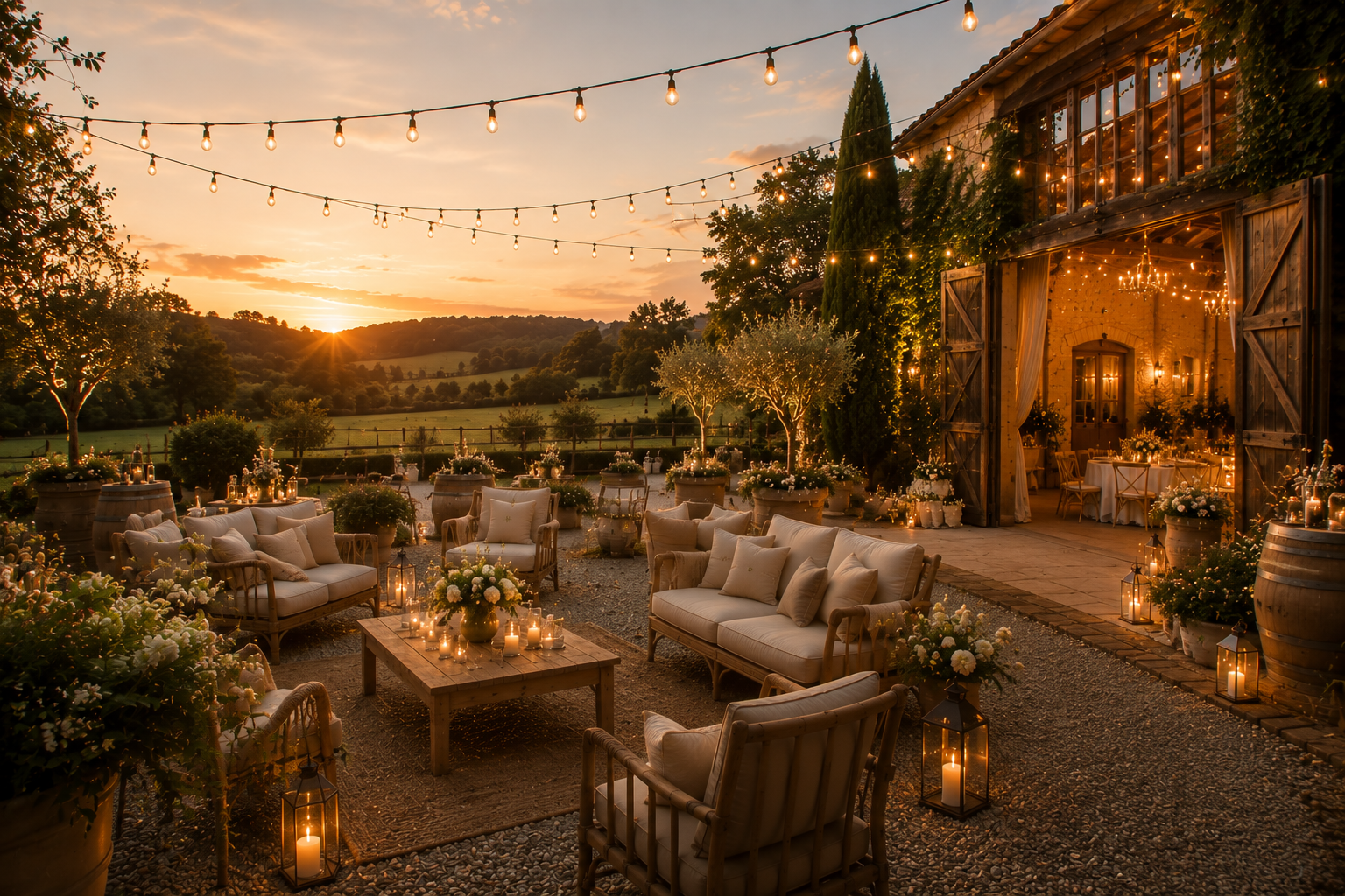 Décoration de mariage en extérieur avec mobilier en bois, lanternes et guirlandes lumineuses, installée dans un jardin entouré de champs et d'arbres.