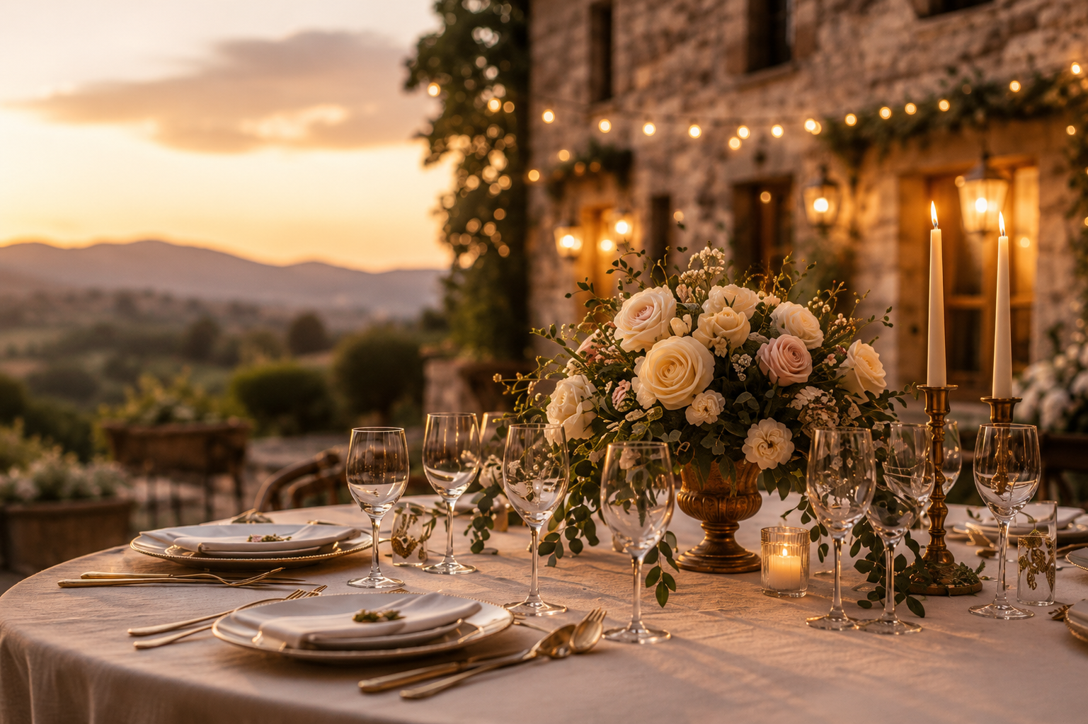 Une table élégante décorée de fleurs blanches, bougies et verres à vin, à l'extérieur au coucher du soleil, avec un bâtiment en pierre en arrière-plan.