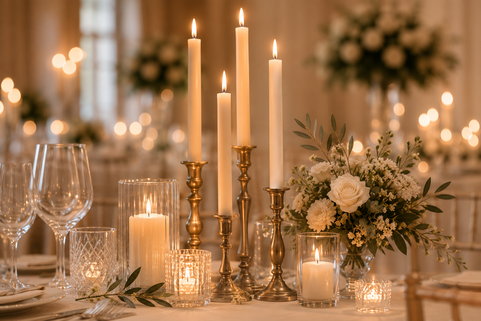 Table de mariage élégante avec bougies et un arrangement floral blanc, ambiance chaleureuse et romantique