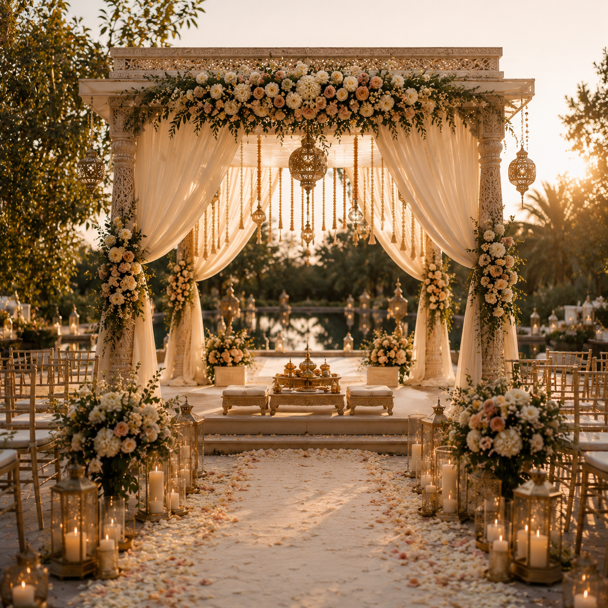 Décoration de cérémonie de mariage en plein air avec dais fleuri de roses et de fleurs blanches, bougies et lanternes, dans un cadre romantique au coucher du soleil.