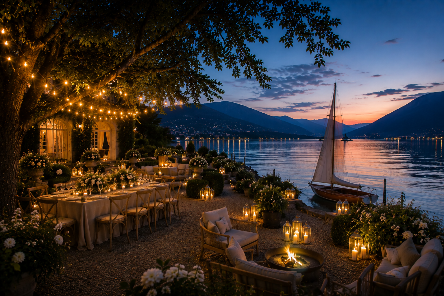 Terrasse de réception de mariage au bord d'un lac, décorée de bougies et de lumières, avec vue sur les montagnes au coucher du soleil.