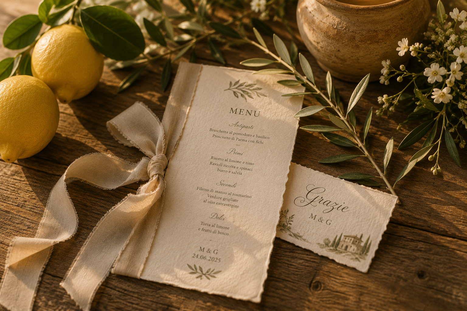 menu de mariage élégant avec décoration florale et citrons sur une table en bois, dans une ambiance champêtre