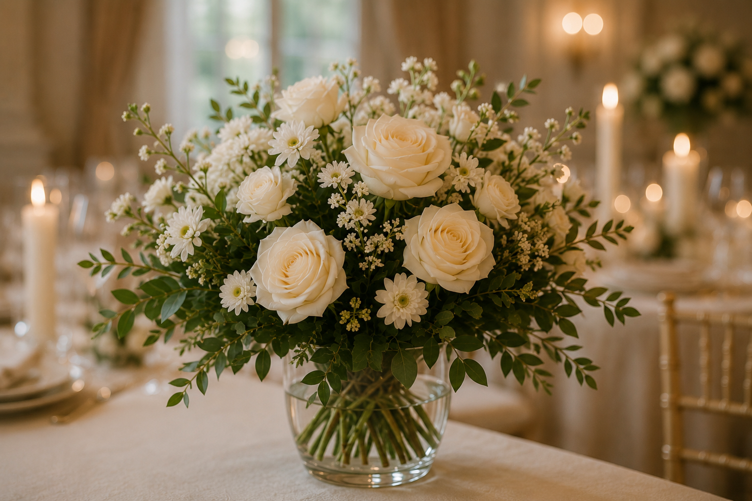 Bouquet de fleurs blanches avec roses et marguerites dans un vase en verre pour réception de mariage.