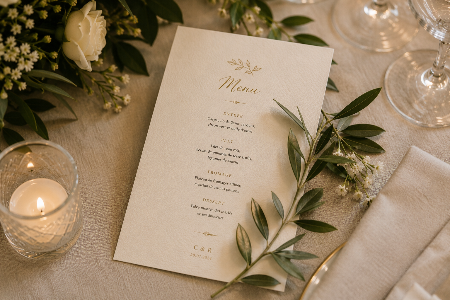 Un menu de mariage élégamment présenté avec une décoration florale et une bougie allumée.