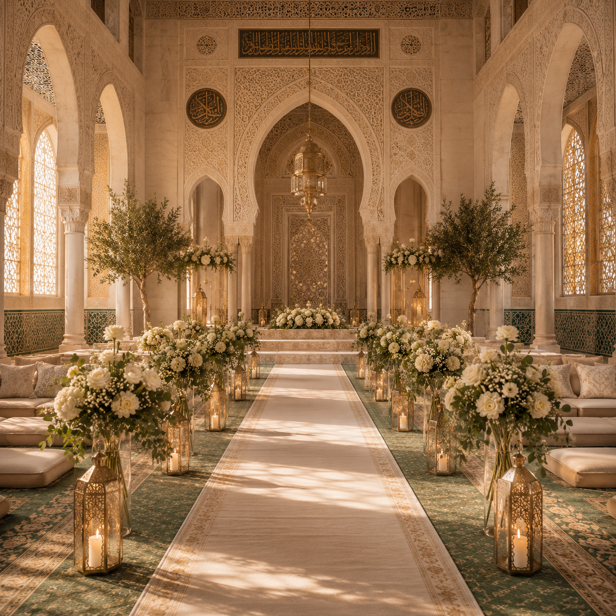 Salle de réception de mariage élégante et raffinée avec bouquets de fleurs blanches, lanternes, bougies, arches en pierre et éclairage chaleureux, dans une ambiance romantique.