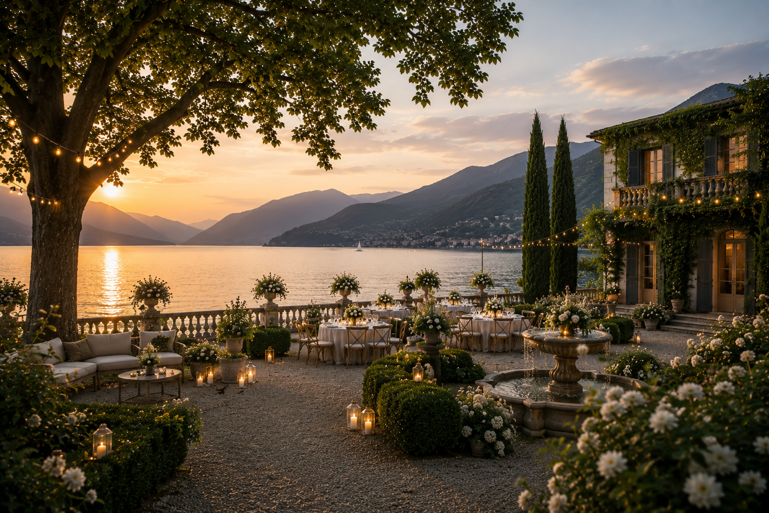 Cérémonie de mariage en plein air au bord d'un lac, avec tables décorées de fleurs et de bougies, dans un cadre naturel entouré de montagnes.