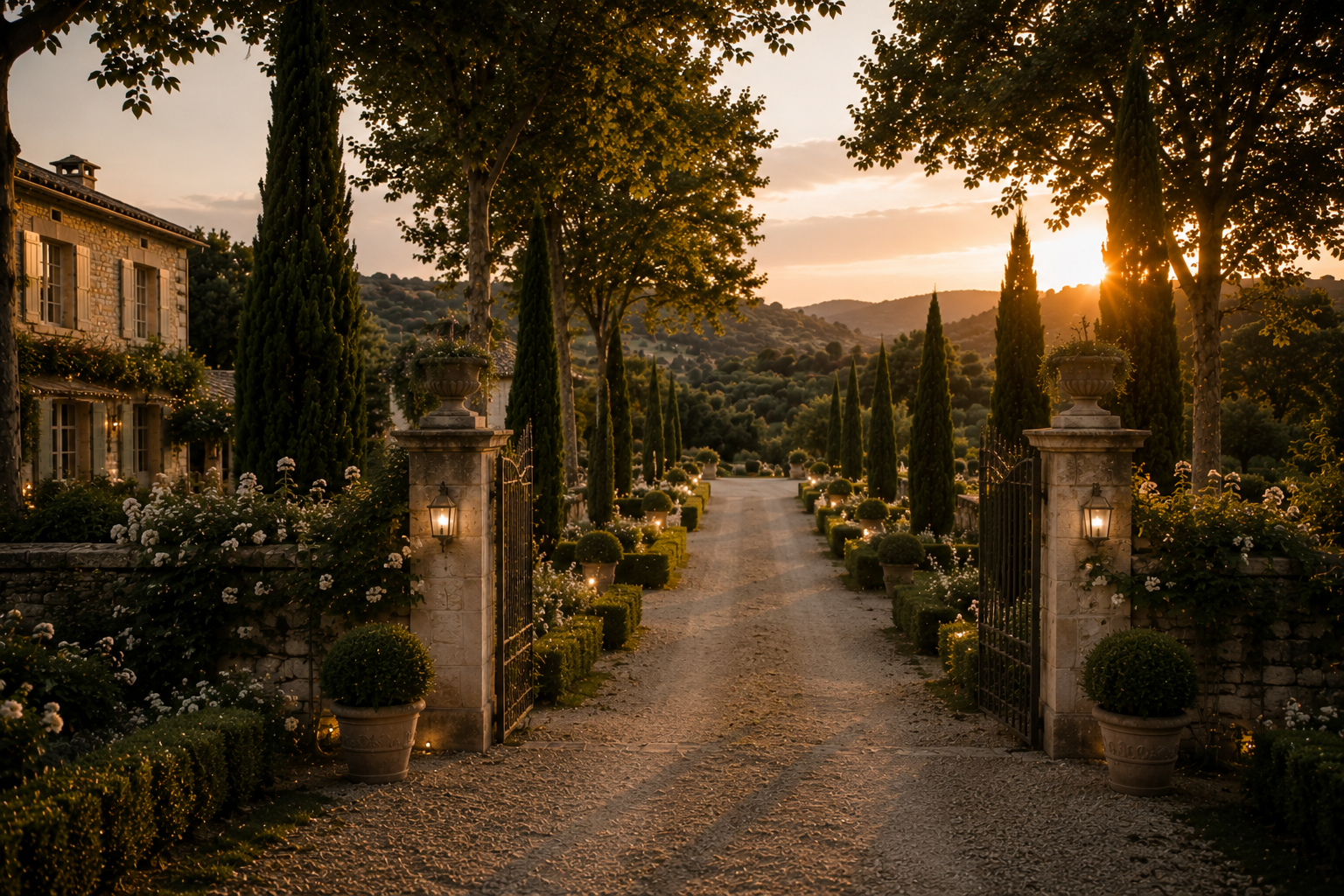 Allée d'une propriété de mariage bordée de végétation et de maisons en pierre, offrant un cadre naturel et élégant au coucher du soleil.
