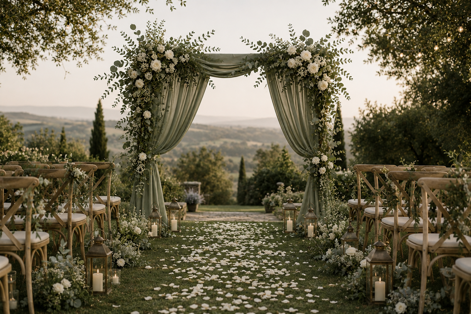 Allée de mariage en plein air avec arche fleurie, chandeliers, assises en bois et pétales de roses, sur fond de paysage rural avec arbres et collines.