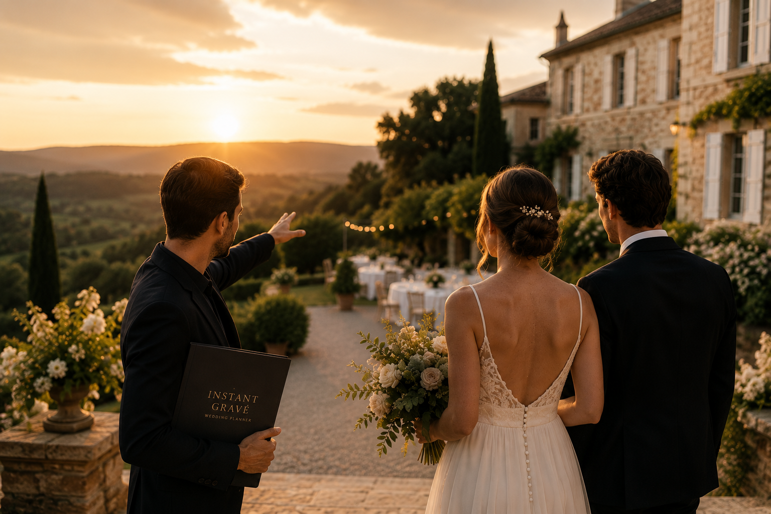 Un couple de mariés avec un officiant lors d'une cérémonie en plein air au coucher du soleil, avec une vallée pittoresque en arrière-plan, décoration florale élégante et bâtiment en pierre.
