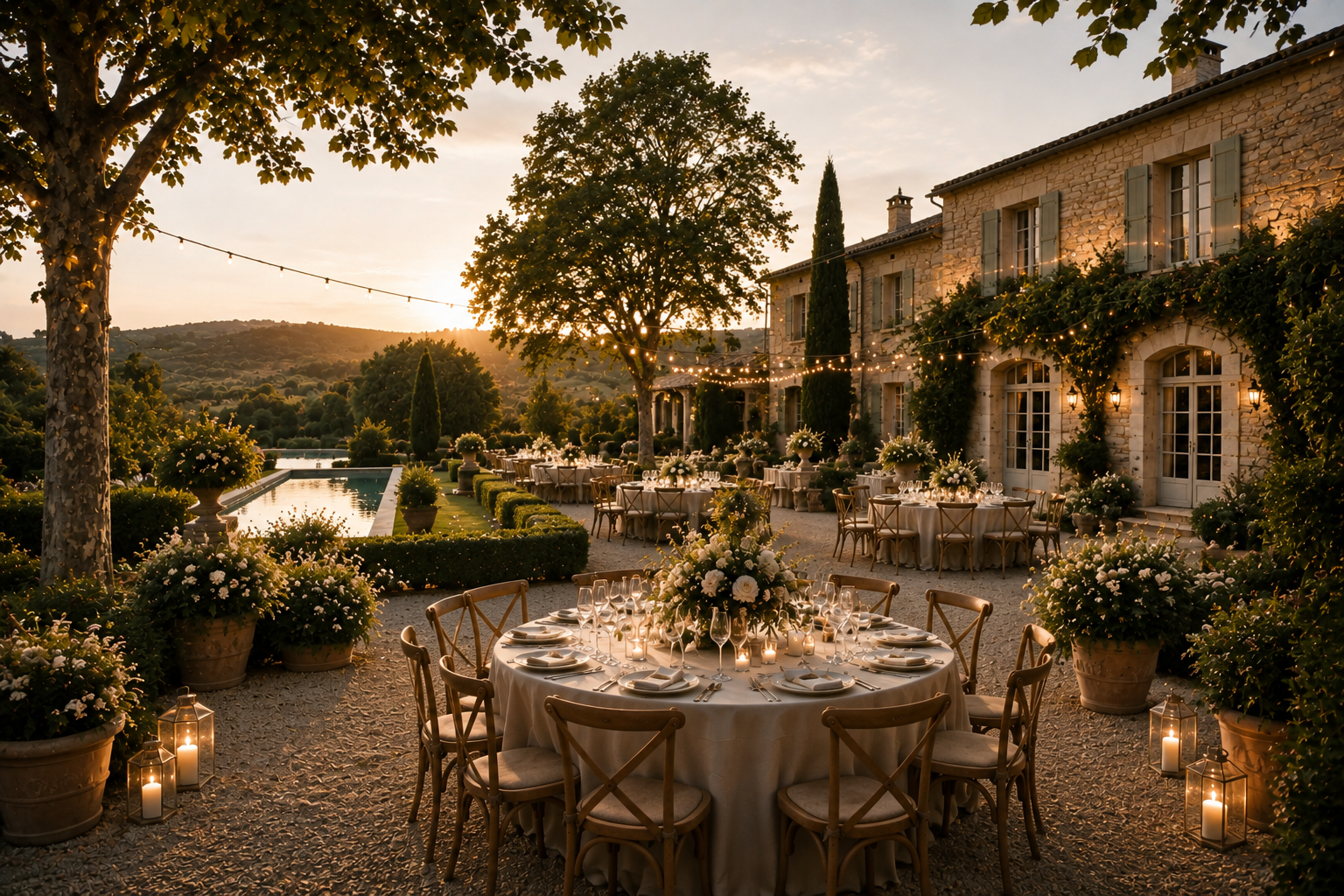 Terrasse extérieure pour une réception de mariage avec tables rondes, nappes blanches, fleurs, bougies et guirlandes lumineuses, dans une ambiance élégante au coucher du soleil.