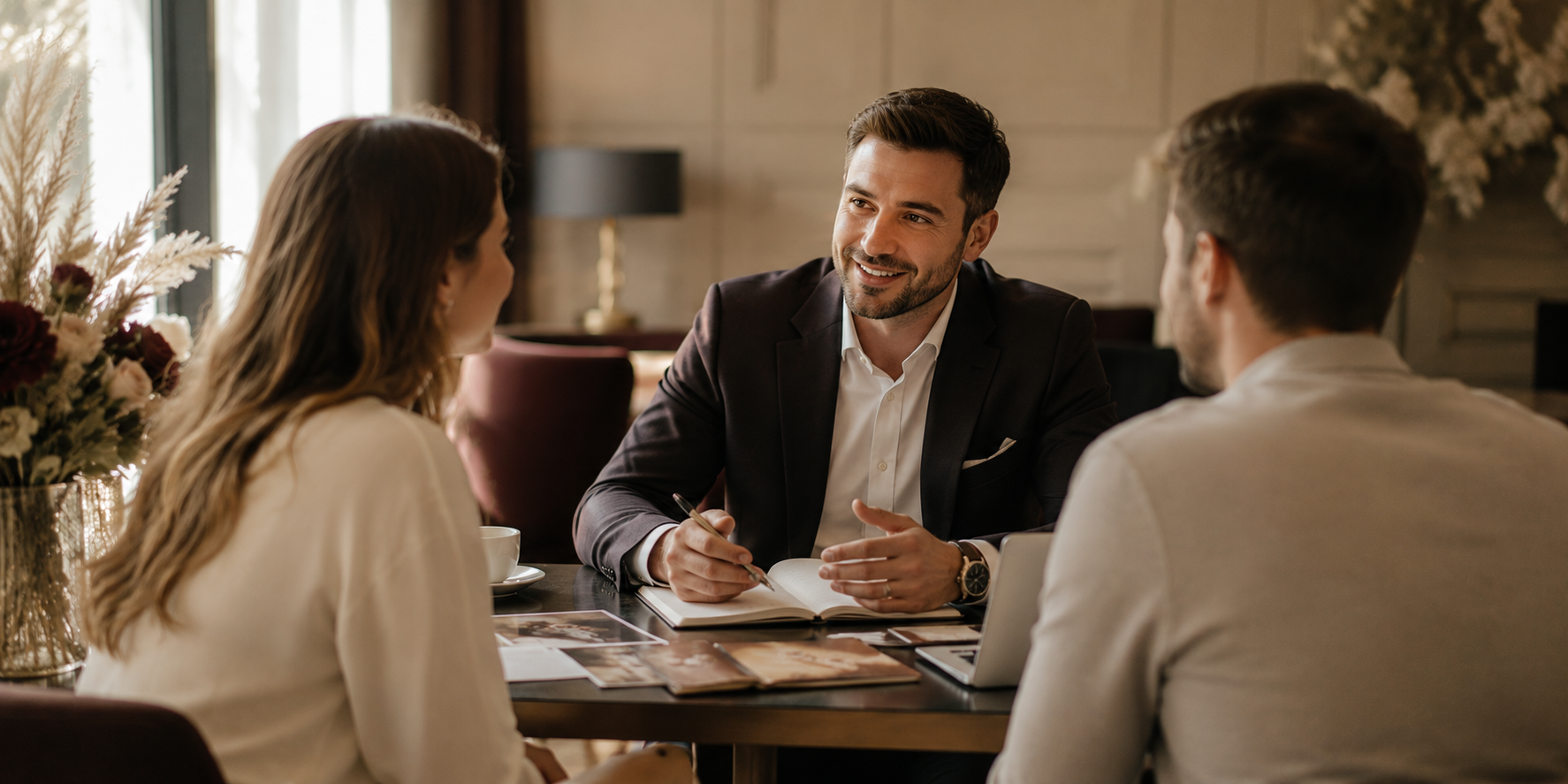 Une réunion professionnelle avec trois personnes assises autour d'une table en intérieur, discutant et souriant. Un homme en costume noir avec un carnet, deux autres personnes dont une femme et un homme, écoutant attentivement.
