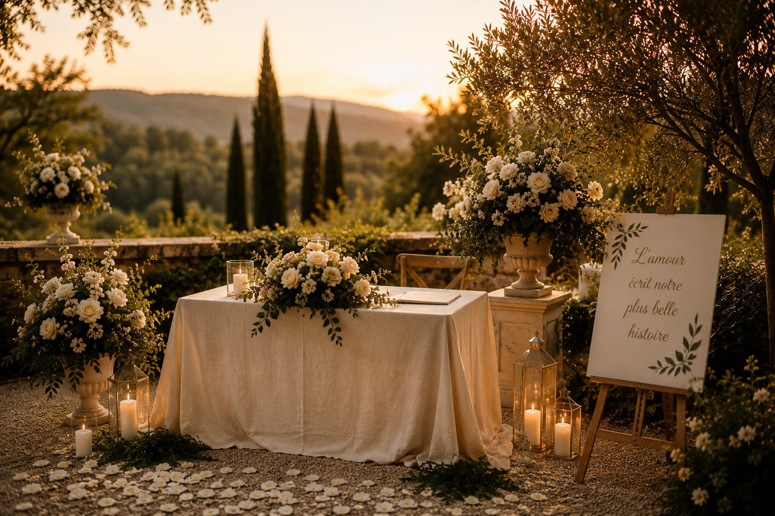 Décoration de mariage en plein air avec table nappée de blanc, bouquets de fleurs blanches et bougies dans des lanternes, au cœur d'un paysage vallonné au coucher du soleil.