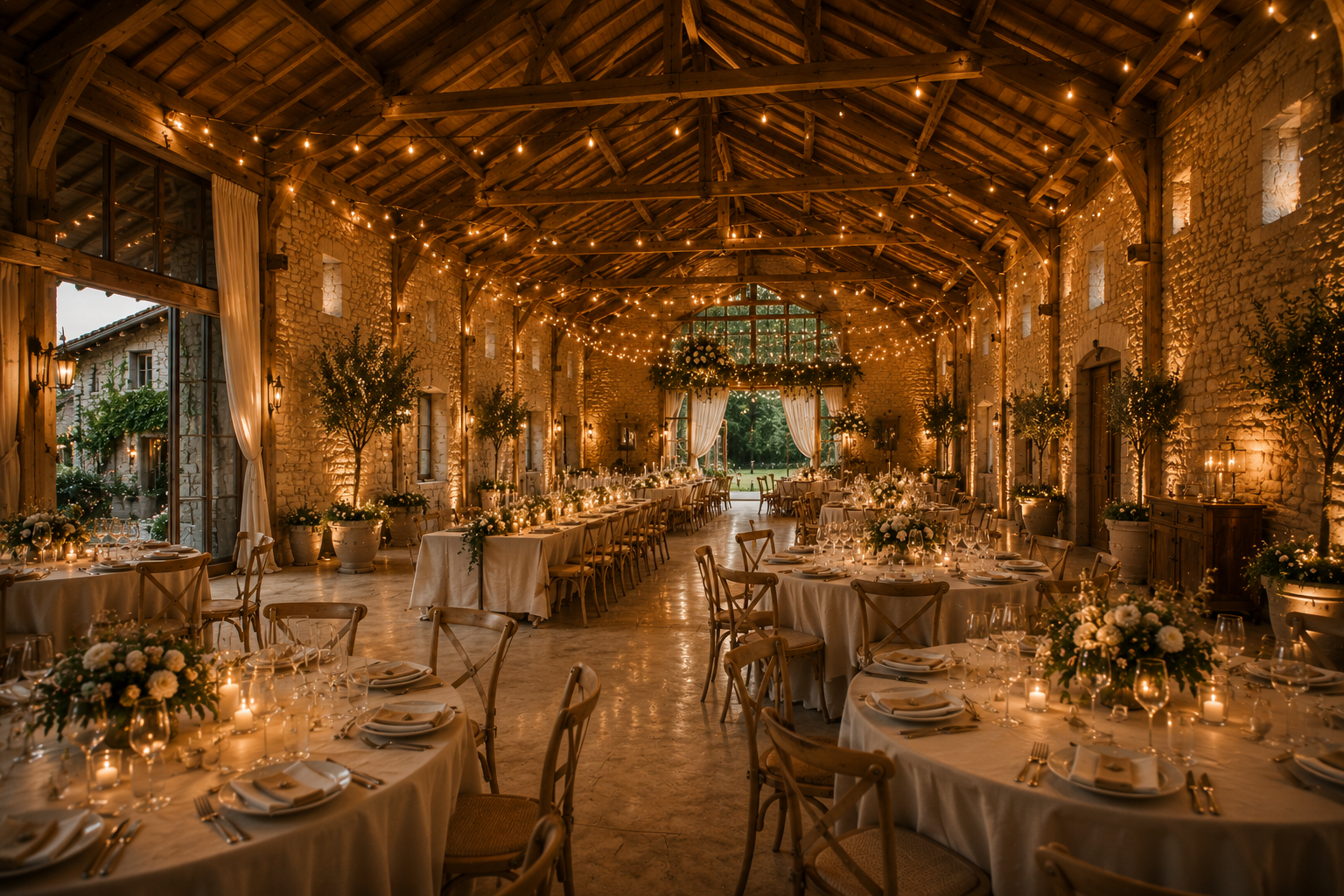 Salle de réception de mariage élégante avec tables rondes, fleurs blanches et guirlandes lumineuses suspendues au plafond en bois, ouverte sur un jardin.