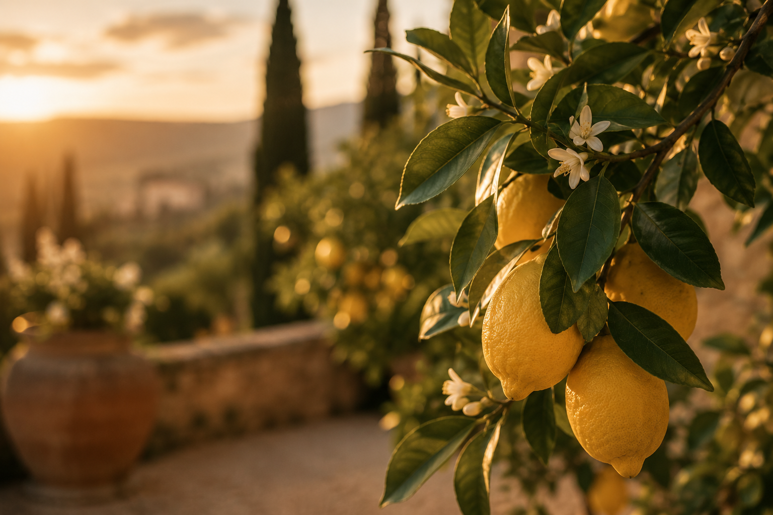 Citronniers avec citrons jaunes et fleurs blanches dans un jardin méditerranéen au coucher du soleil