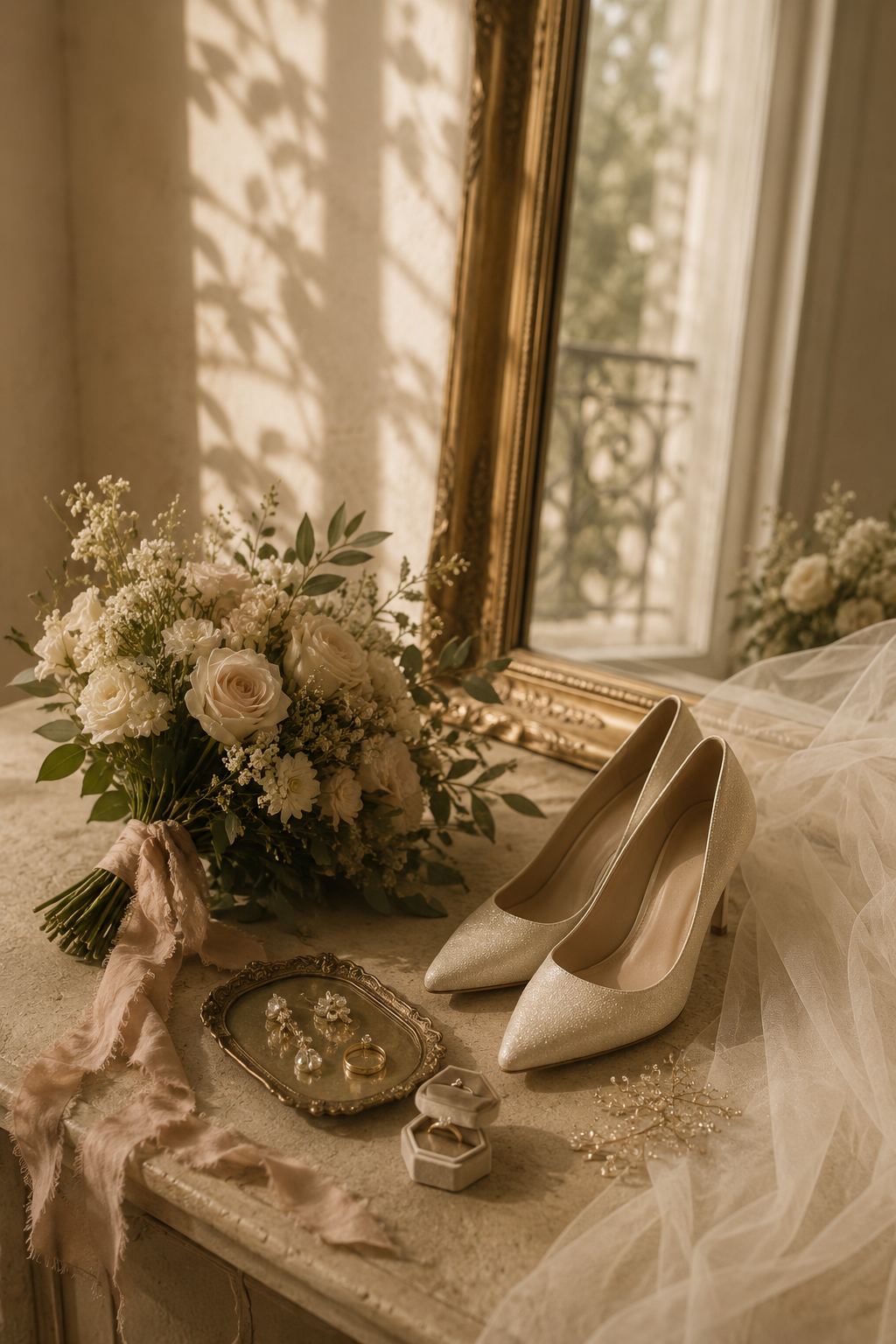 Chaussures de mariée blanches, bouquet de fleurs, bijoux, bague, miroir doré et voile en tulle dans une ambiance élégante.