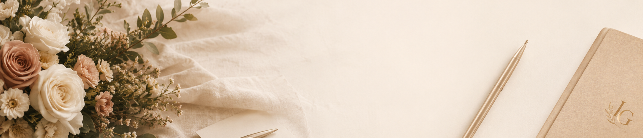 Une composition florale avec des roses, des fleurs blanches et des feuillages, à gauche de l'image, et à droite, un carnet beige avec les initiales 'IG' et un stylo doré posé à côté sur une surface en tissu clair.