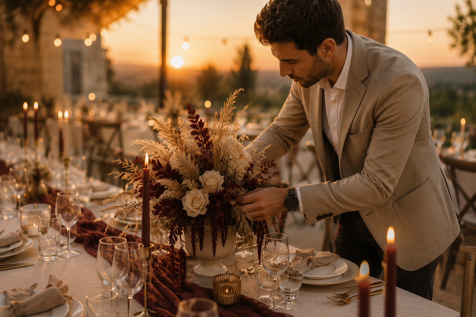 Préparation par un wedding-planner d'une table de dîner élégante en extérieur avec fleurs, bougies et vaisselle raffinée, dans une ambiance romantique au coucher du soleil.
