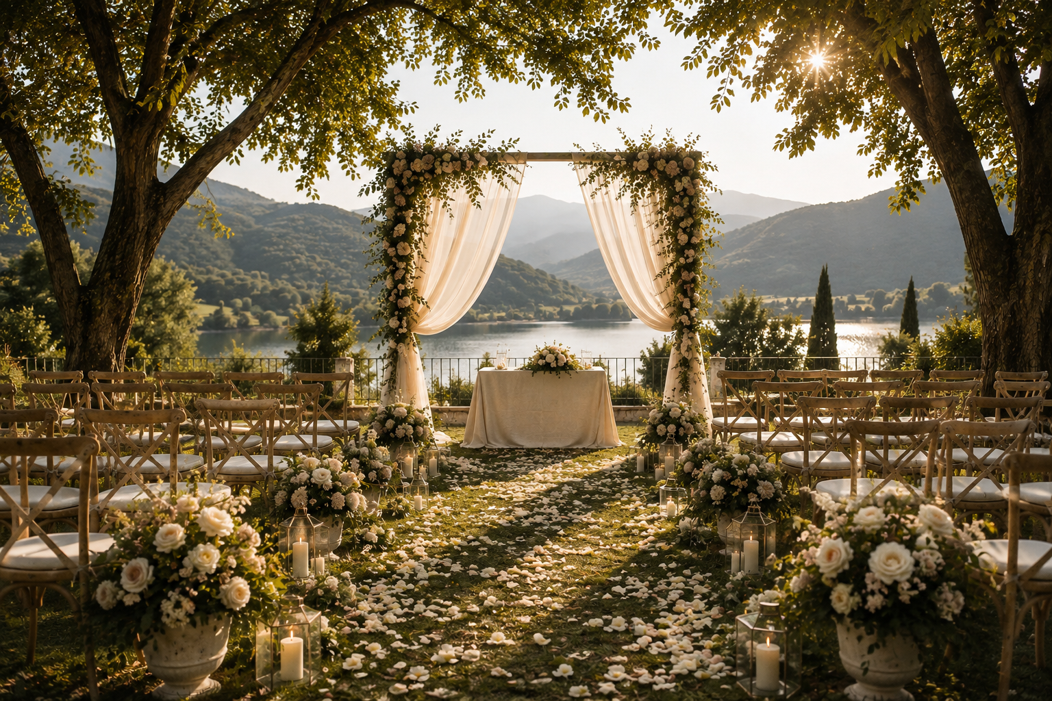 Cérémonie de mariage en plein air avec arche florale, table, chaises en bois, bougies et fleurs blanches, dans un cadre naturel avec vue sur un lac et les montagnes.
