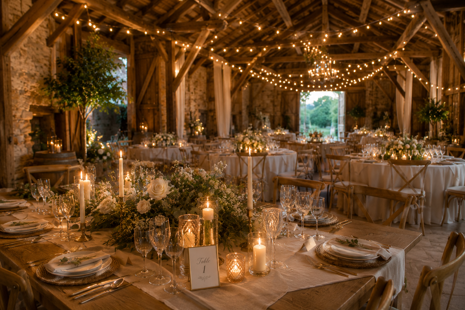 Salle de réception de mariage rustique avec tables rondes, bougies, fleurs blanches et guirlandes lumineuses, pour une ambiance chaleureuse et élégante.
