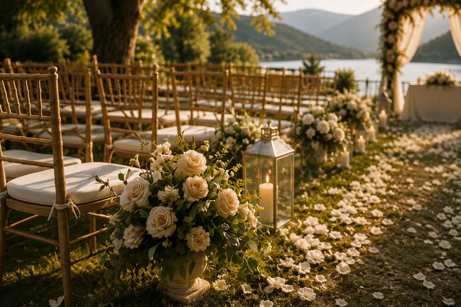 Décoration de mariage en plein air au bord d'un lac, avec chaises en bois, fleurs blanches, lanternes et bougies, dans un cadre naturel entouré de montagnes.