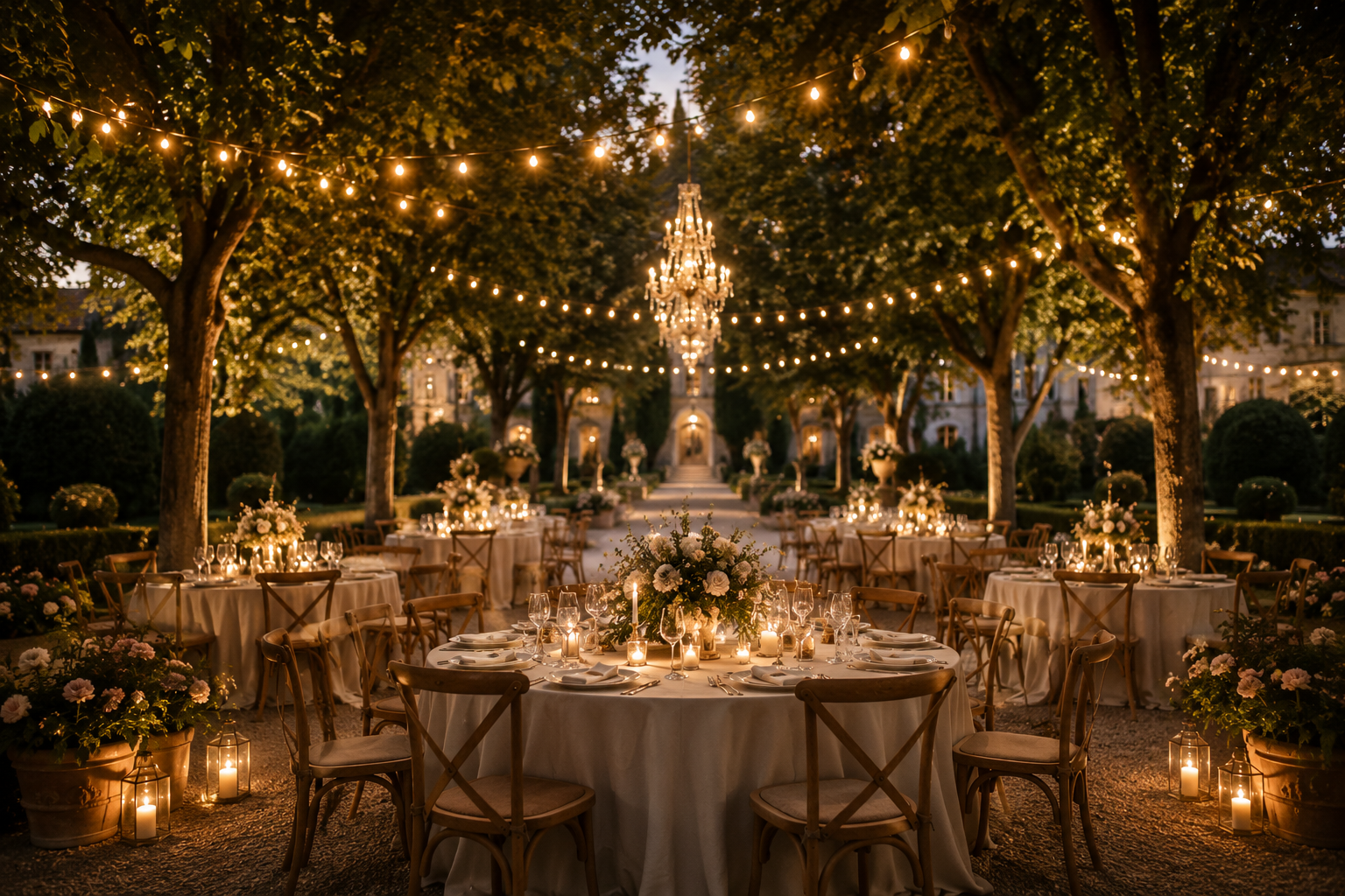Table de banquet de mariage en plein air avec chandelles, fleurs blanches et décorations élégantes, installée sous des guirlandes lumineuses dans un jardin arboré.