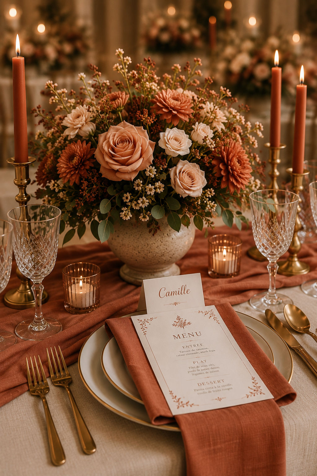 Table de mariage élégante avec roses, dahlias, bougies, vaisselle et couverts dorés, nappe beige et chemin de table rose, avec papeterie personnalisée.