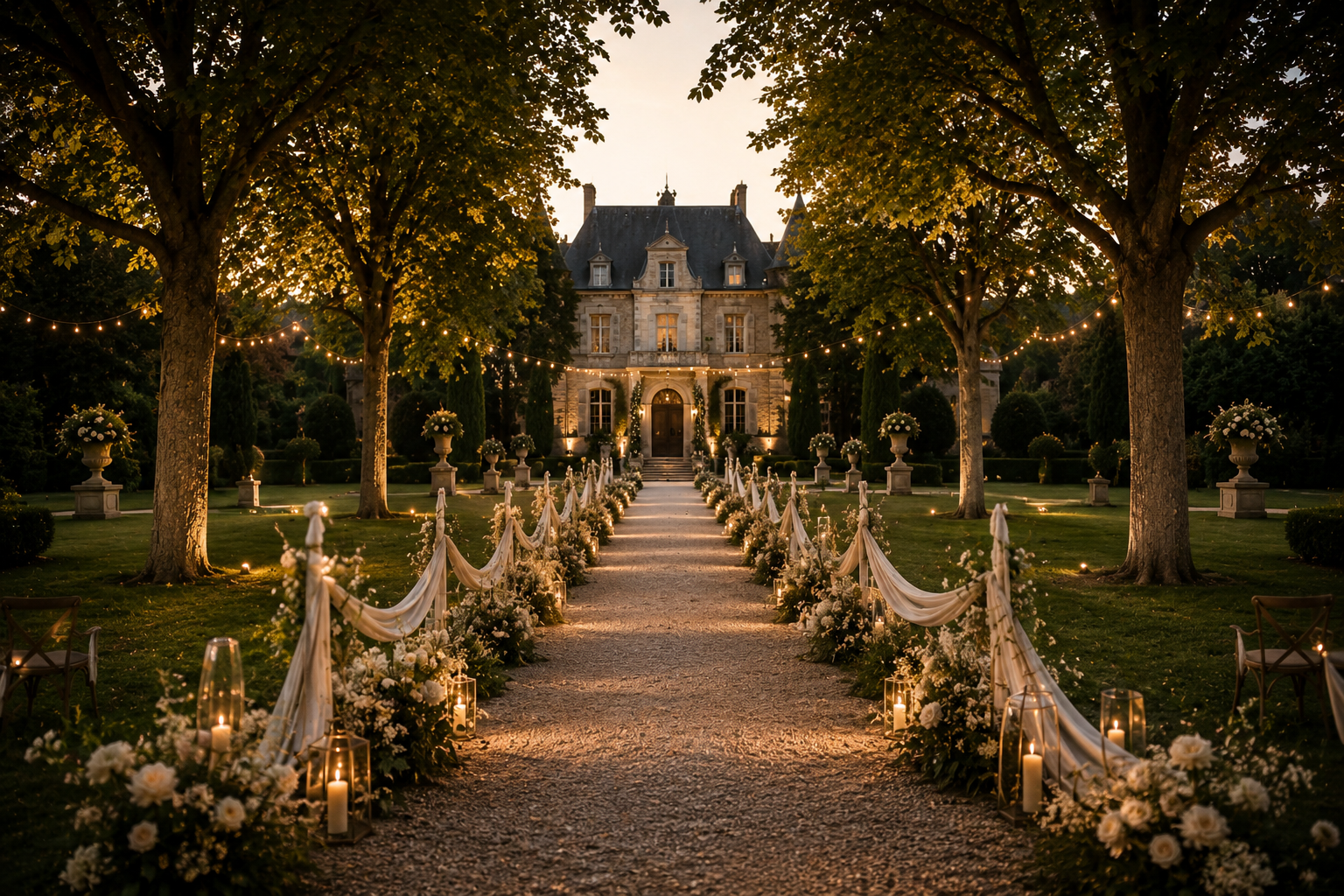 Allée de cérémonie de mariage décorée de fleurs blanches, bougies et guirlandes lumineuses, menant à une demeure en pierre dans un cadre naturel et romantique.
