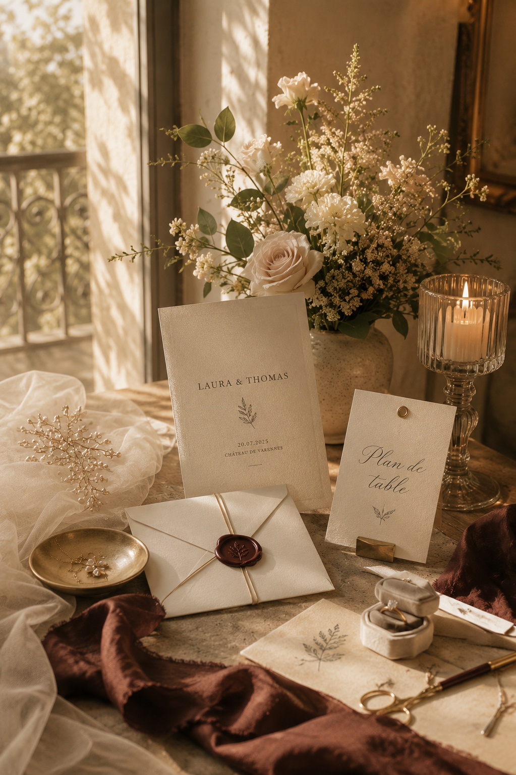 Décoration de mariage avec bouquet de fleurs blanches, bougie, plan de table, enveloppe cachetée et accessoires dorés sur une table en bois.