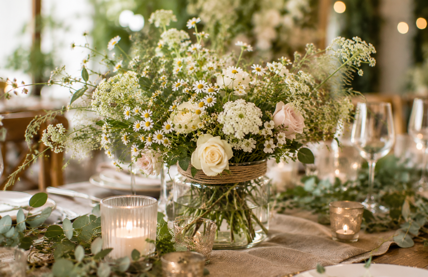Centre de table floral pour mariage avec fleurs blanches et roses, bougies et feuillage végétal dans un vase en verre.