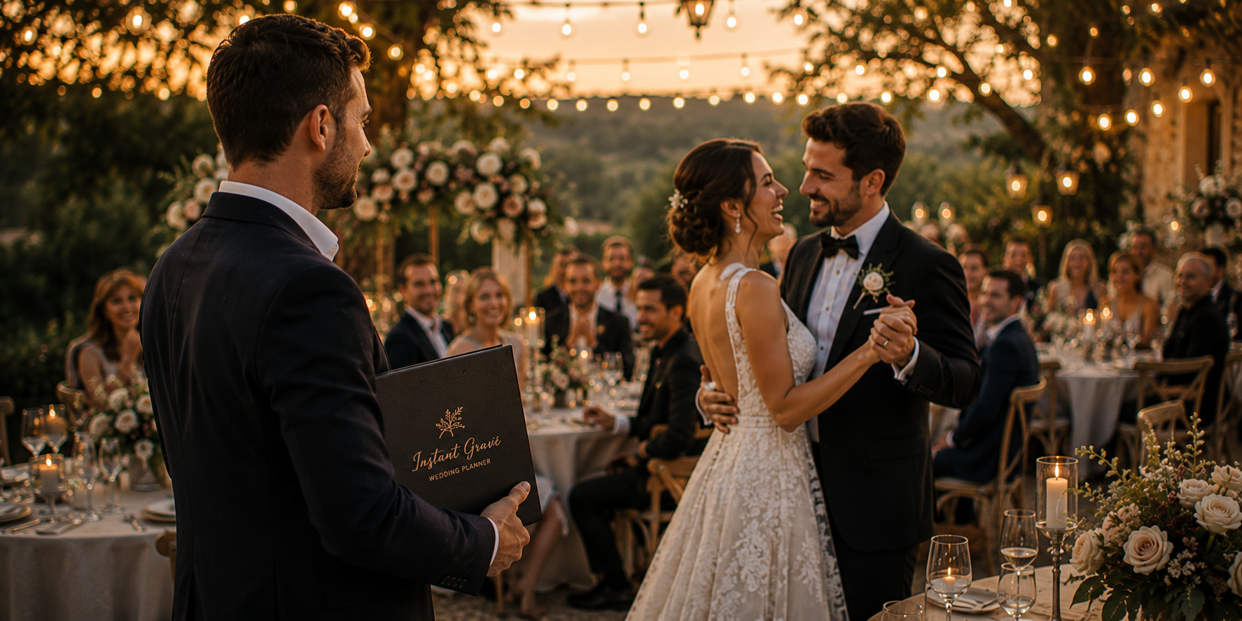 Un couple de mariés danse lors d'un mariage en plein air au coucher du soleil, entourés de convives assis à une longue table décorée de fleurs et de bougies, sous un ciel coloré et avec des guirlandes lumineuses suspendues.