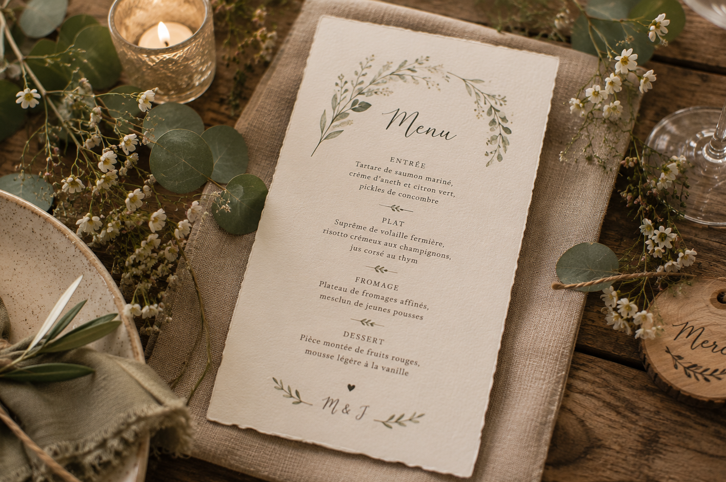 Menu de mariage élégant décoré de feuillage et de fleurs blanches, présenté sur une table en bois avec bougie et vaisselle raffinée.