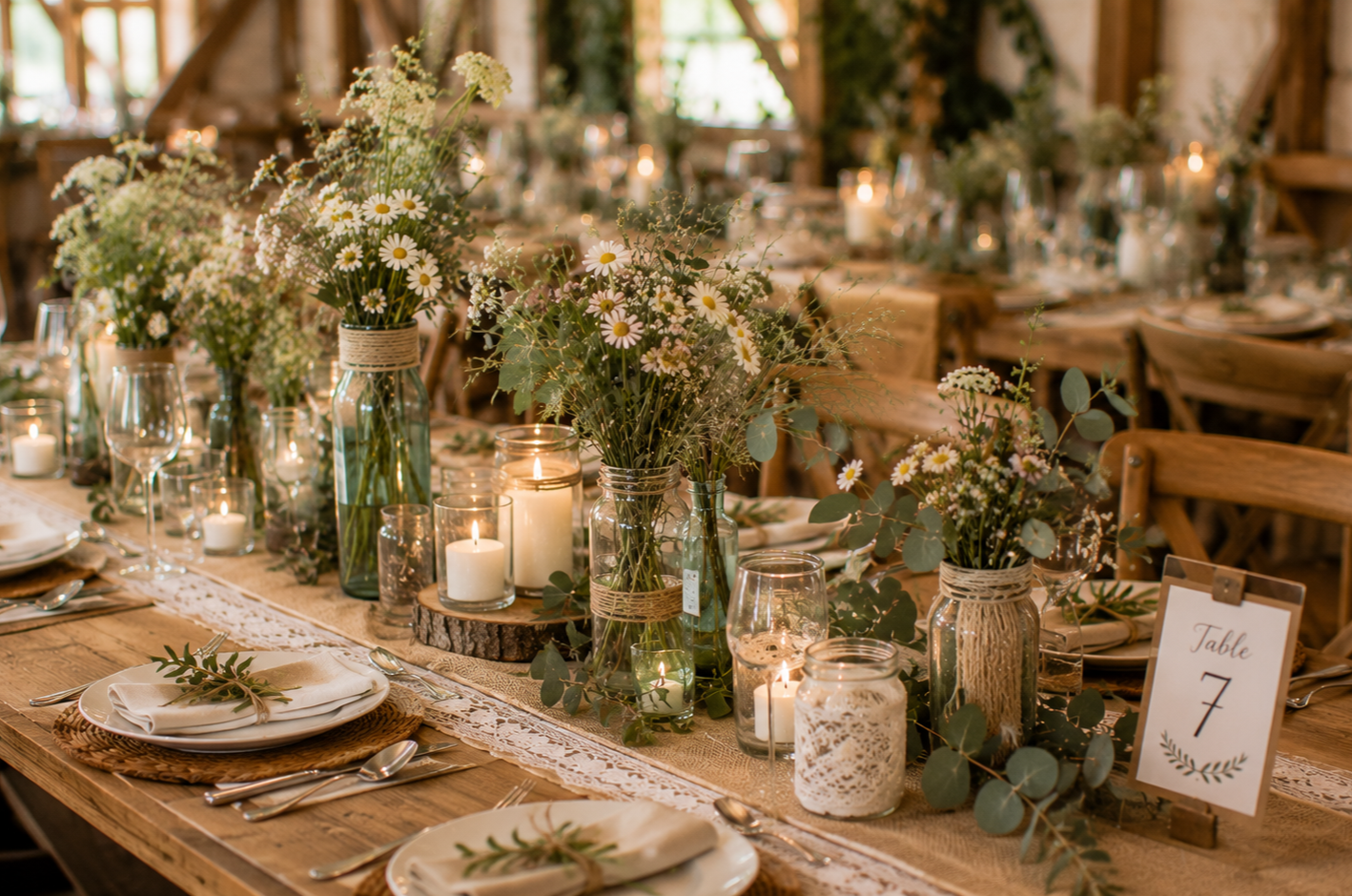 Table de mariage champêtre décoré de fleurs sauvages, bougies, vaisselle en porcelaine et nappes en toile de jute.
