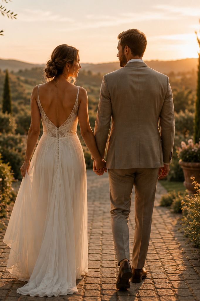 Couple de mariés se tenant la main dans un jardin au coucher du soleil, avec la mariée en robe blanche et le marié en costume gris.