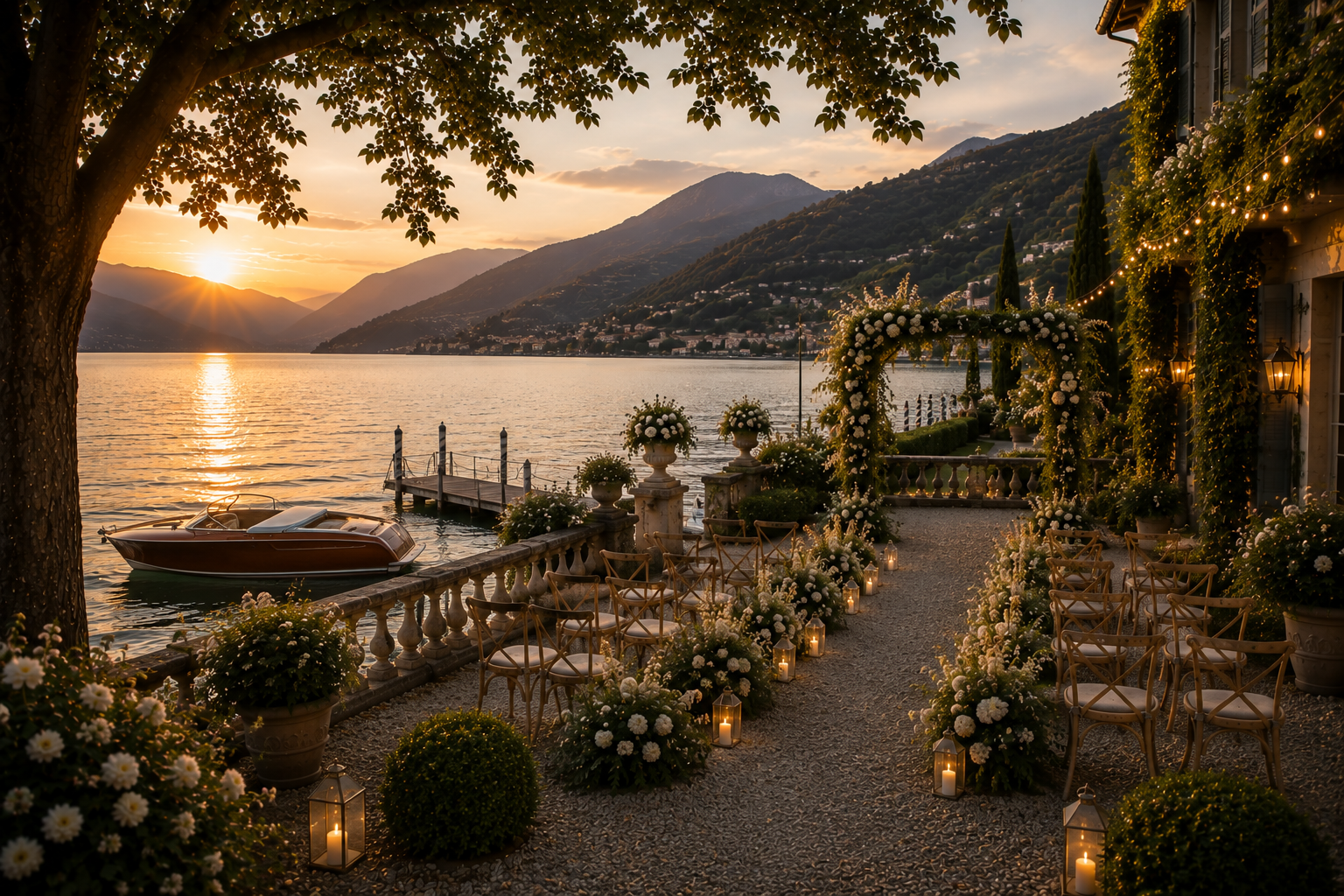 Un lieu de mariage en bord de lac au coucher du soleil, décoré avec des fleurs blanches, des lanternes et des chaises en bois.