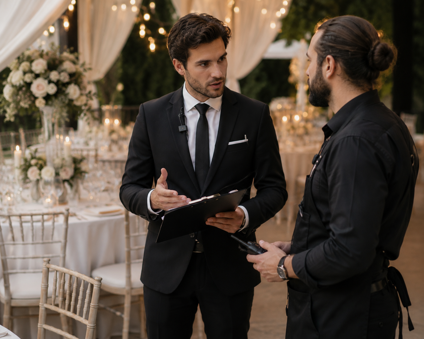 Un Wedding-Planner échange avec un prestataire lors d'un événement de mariage en plein air, entourés de décorations florales et de lumières.
