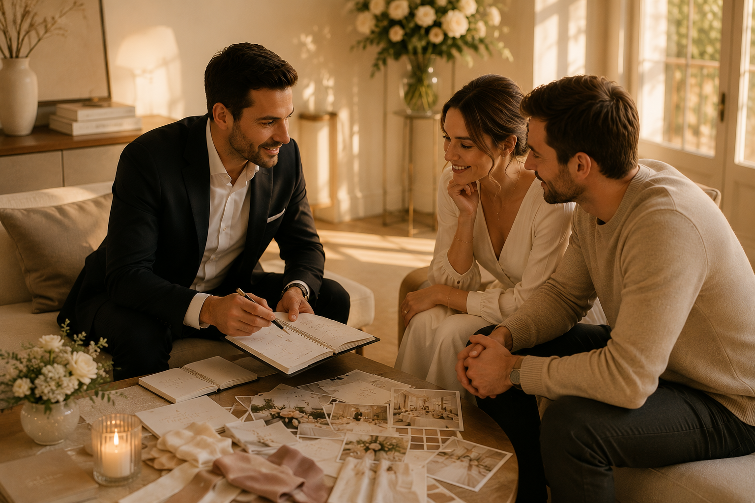 Trois personnes, deux hommes et une femme, discutent autour d'un projet, probablement pour un mariage, dans un salon lumineux avec des photos et des fleurs sur la table.