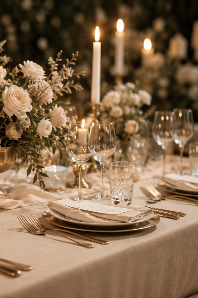 Table de réception de mariage élégante avec bouquet de fleurs blanches, chandelles, verres à vin, assiettes dorées et couverts dorés, pour un dîner raffiné.